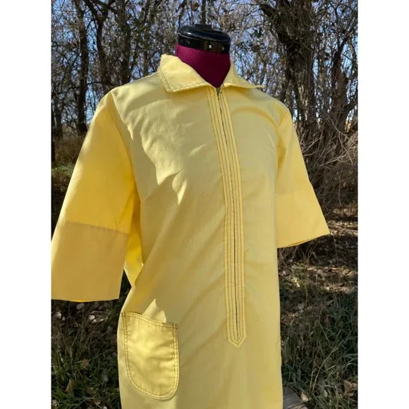 Vintage 1970s Yellow Zip Front Casual dress Front Pocket size L - Picture 9 of 15
